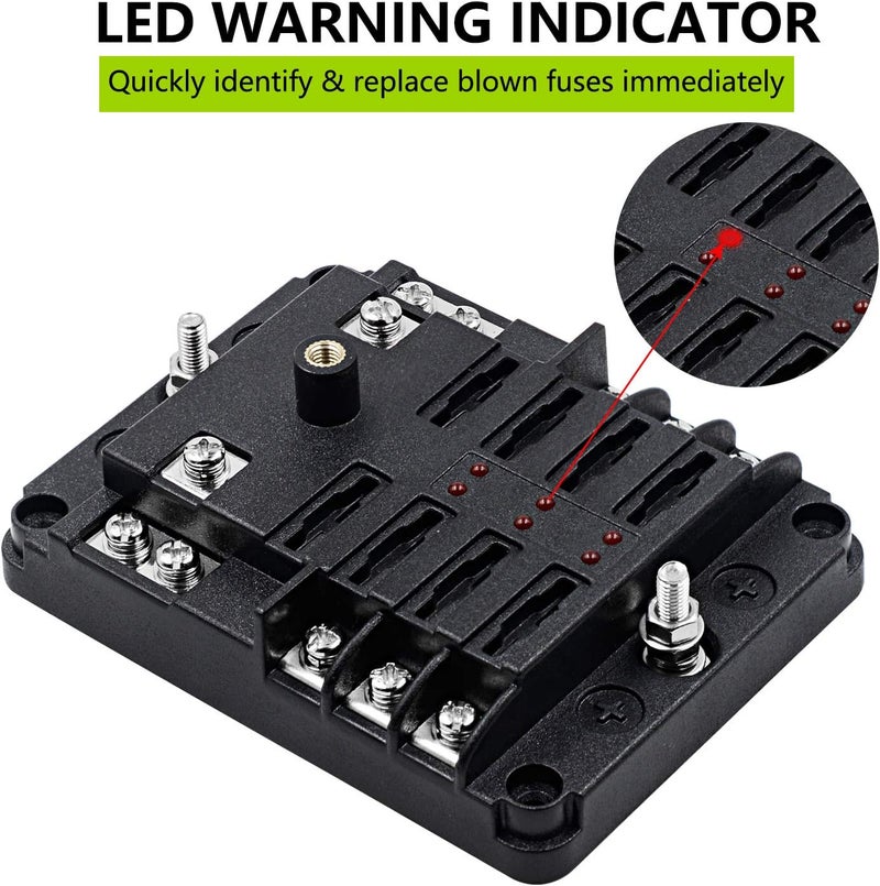 femedo 6 Way Fuse Block W/Negative Bus - ATC/ATO 6 Circuit Fuse Box with Ground, with Negative Bus & Protection Cover, Bolt Connect Terminals, 70 pcs Stick Label, for 12V/24V Vehicle Car Boat Marine Auto - Image 3